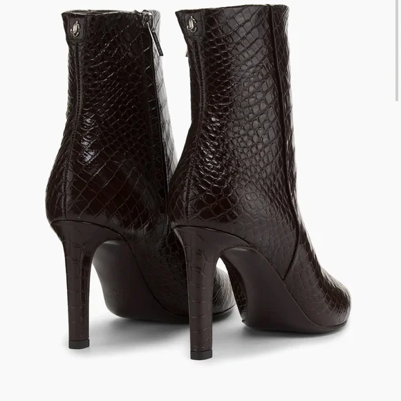 Jimmy Choo Frankie 85MM Embossed Leather Bootie Elegant Chocolate Brown Croc NWT - Picture 3 of 9